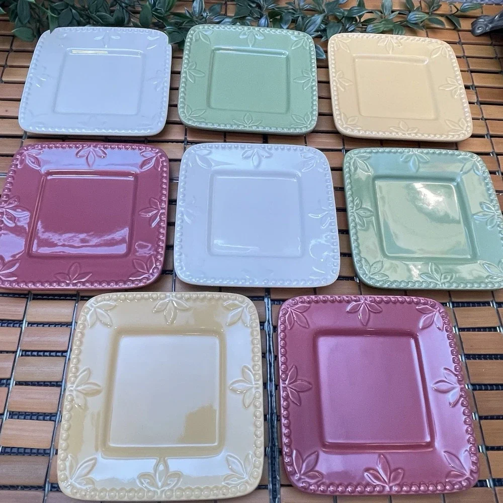 Vintage Signature Sorrento Debby Segura Square Appetizer Plates Set of 8 + Caddy